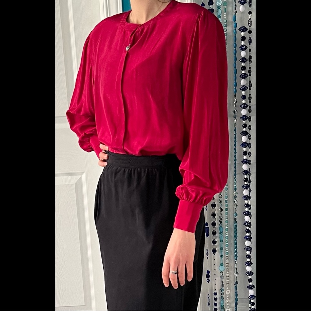 Vintage ‘80s Red silk blouse/ long bouffant sleeves / unused but has minor flaws